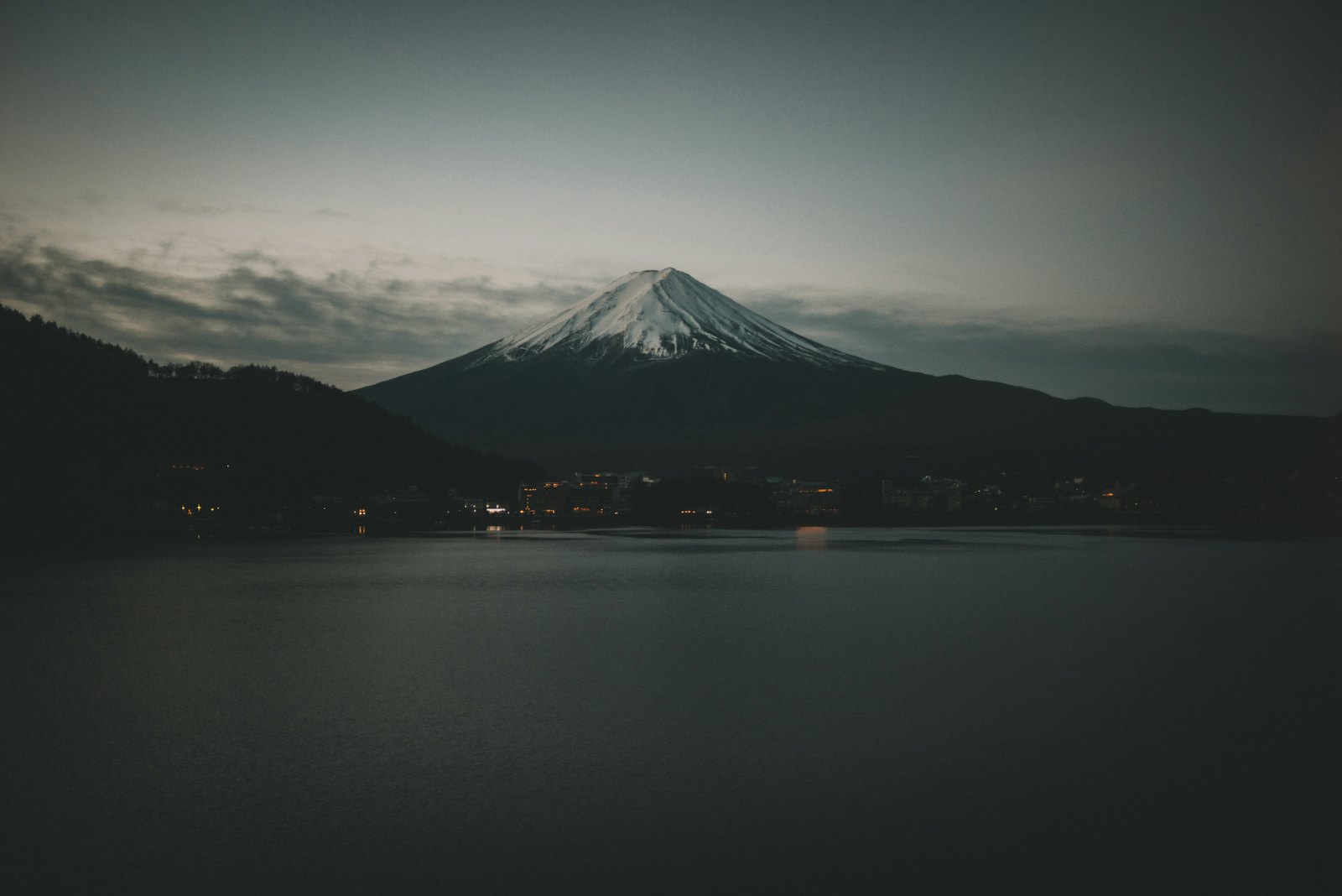 Mountain at dusk over still water